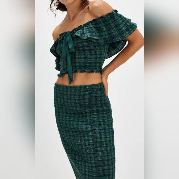 Free People Stretchy Annabeth Green Plaid Top & Skirt 2pc Set, Rainforest, MED - Picture 6 of 13